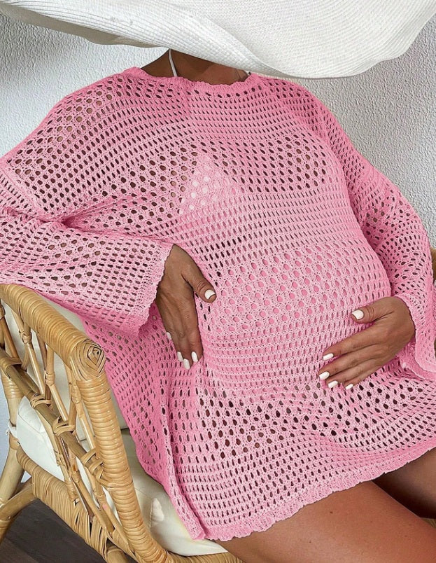 Summer Beach Maternity Solid Color Hollow Out Drop Shoulder Long Sleeve Cover Up
