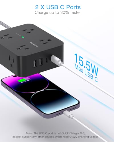 Surge Protector Power Strip - 8 Outlets with 4 USB (2 USB C) Charging Ports, Multi Plug Outlet Extender, 5Ft Braided Extension Cord, Flat Plug Wall Mount Desk USB Charging Station for Home Office ETL