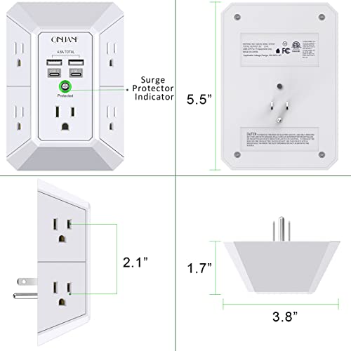 Wall Charger, Surge Protector, QINLIANF 5 Outlet Extender with 4 USB Charging Ports (4.8A Total) 3-Sided 1680J Power Strip Multi Plug Adapter Spaced for Home Travel Office (3U1C)