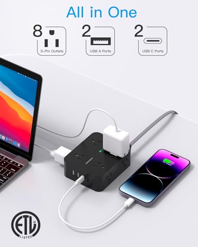 Surge Protector Power Strip - 8 Outlets with 4 USB (2 USB C) Charging Ports, Multi Plug Outlet Extender, 5Ft Braided Extension Cord, Flat Plug Wall Mount Desk USB Charging Station for Home Office ETL