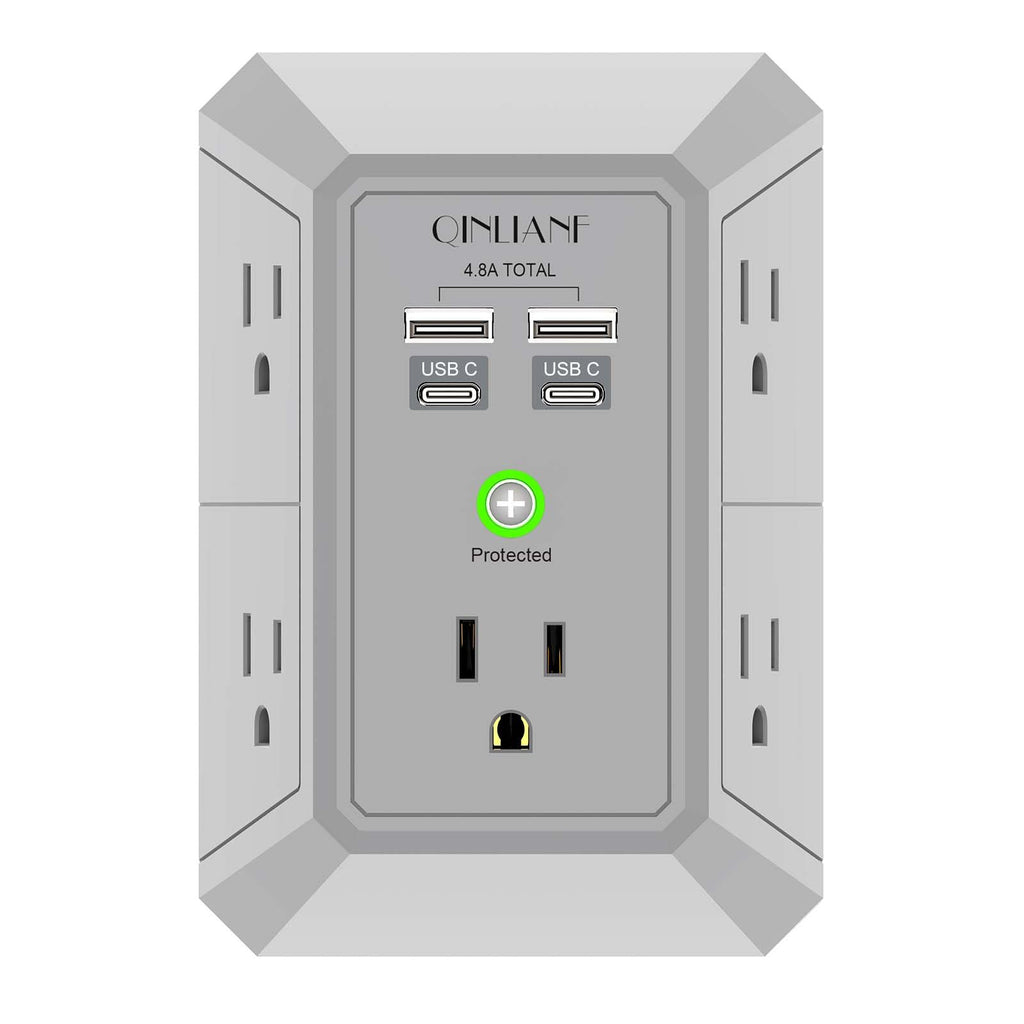 Wall Charger, Surge Protector, QINLIANF 5 Outlet Extender with 4 USB Charging Ports (4.8A Total) 3-Sided 1680J Power Strip Multi Plug Adapter Spaced for Home Travel Office (3U1C)