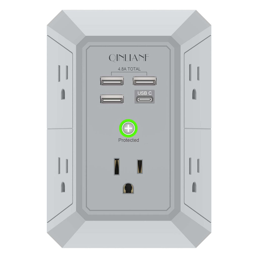 Wall Charger, Surge Protector, QINLIANF 5 Outlet Extender with 4 USB Charging Ports (4.8A Total) 3-Sided 1680J Power Strip Multi Plug Adapter Spaced for Home Travel Office (3U1C)