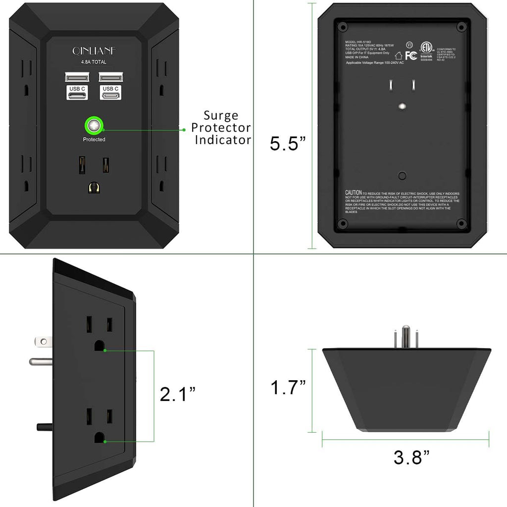 Wall Charger, Surge Protector, QINLIANF 5 Outlet Extender with 4 USB Charging Ports (4.8A Total) 3-Sided 1680J Power Strip Multi Plug Adapter Spaced for Home Travel Office (3U1C)