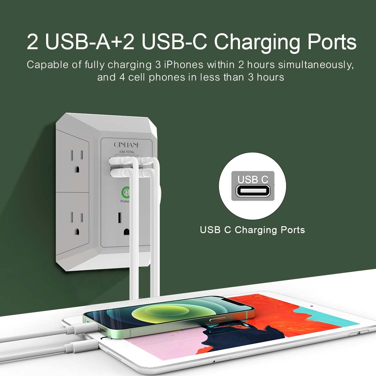 Wall Charger, Surge Protector, QINLIANF 5 Outlet Extender with 4 USB Charging Ports (4.8A Total) 3-Sided 1680J Power Strip Multi Plug Adapter Spaced for Home Travel Office (3U1C)