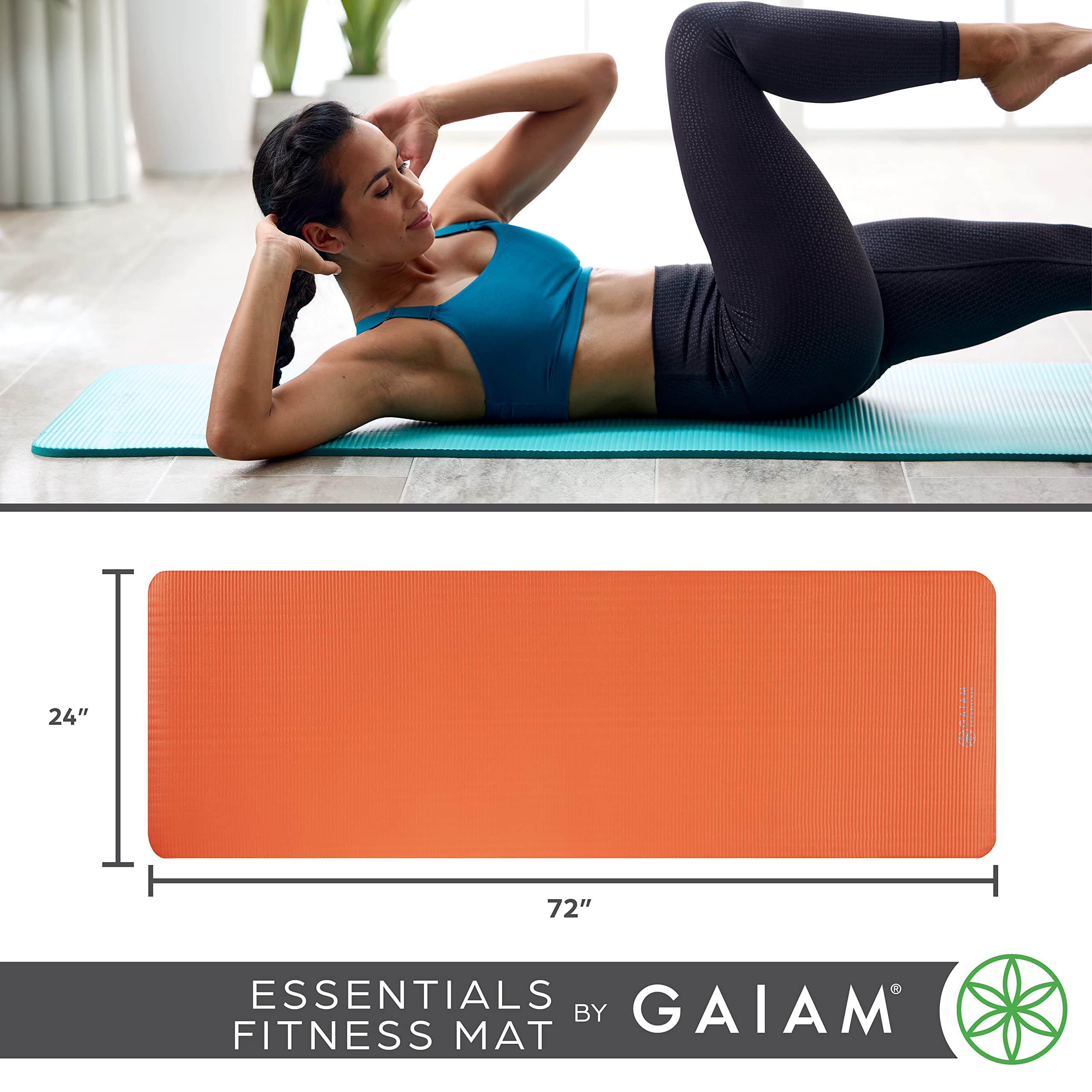 Gaiam Essentials Thick Yoga Mat Fitness & Exercise Mat with Easy-Cinch Yoga Mat Carrier Strap, 72"L x 24"W x 2/5 Inch Thick