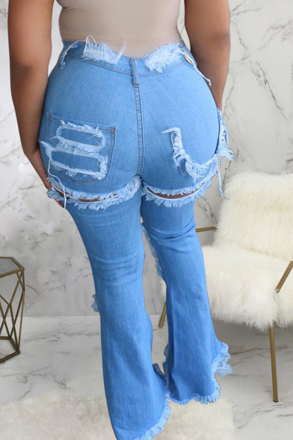 Light Blue High Waist Hole Washing Flare Leg Plus Size Ripped Denim Jeans