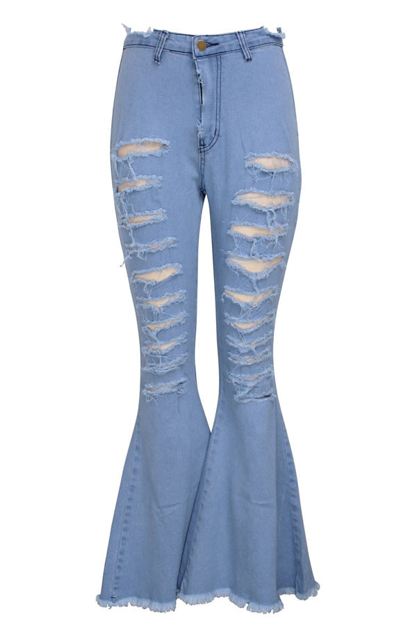 Light Blue High Waist Hole Washing Flare Leg Plus Size Ripped Denim Jeans