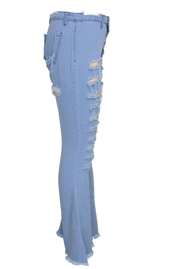Light Blue High Waist Hole Washing Flare Leg Plus Size Ripped Denim Jeans