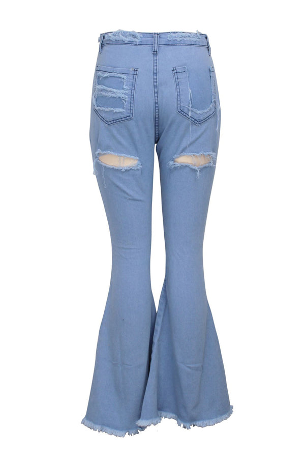 Light Blue High Waist Hole Washing Flare Leg Plus Size Ripped Denim Jeans