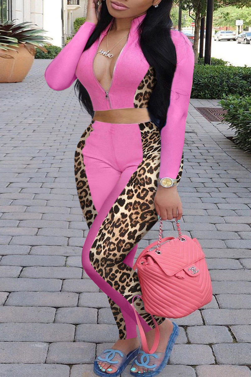 Casual Print Leopard Zipper Zipper Collar Plus Size Two Pieces
