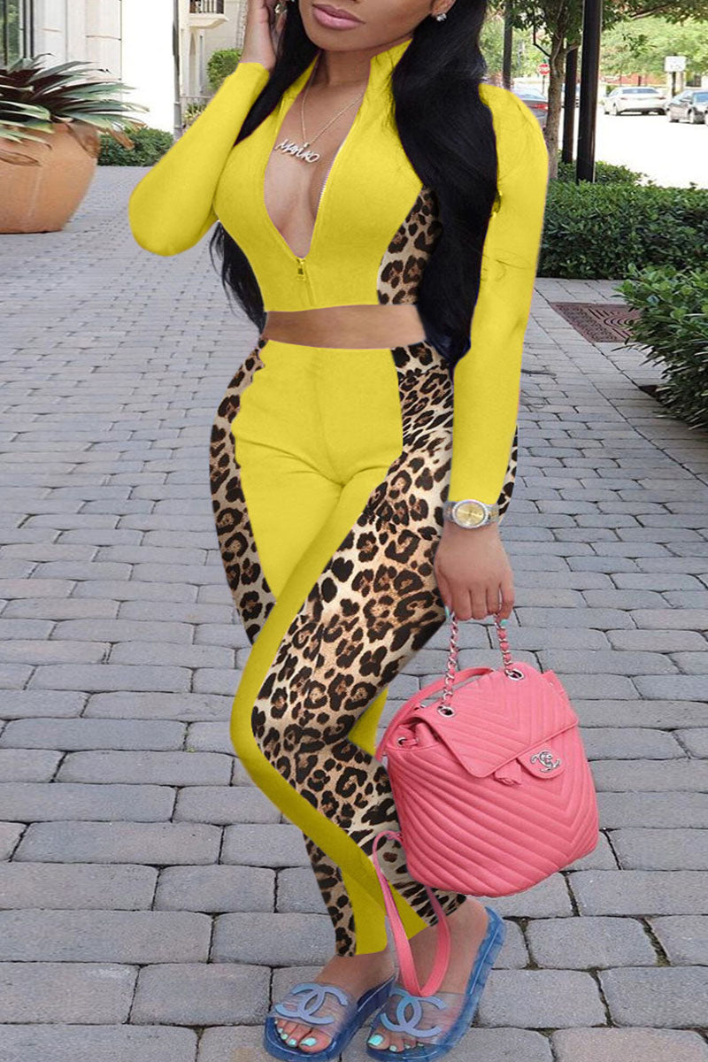 Casual Print Leopard Zipper Zipper Collar Plus Size Two Pieces
