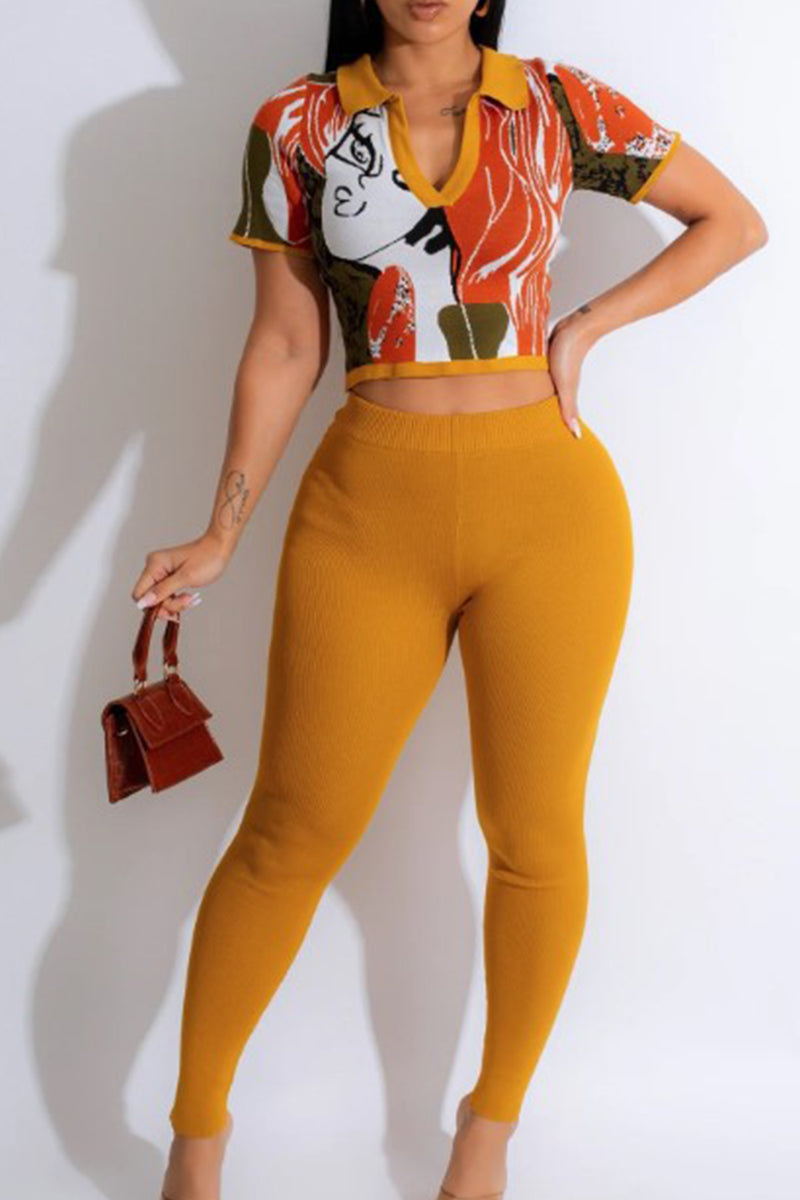Casual Print Patchwork Turndown Collar Short Sleeve Two Pieces