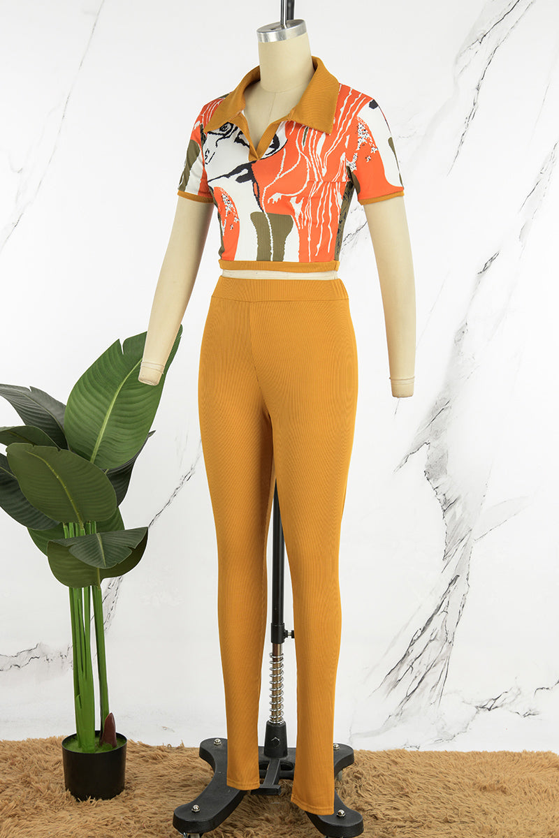Casual Print Patchwork Turndown Collar Short Sleeve Two Pieces