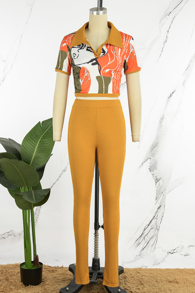 Casual Print Patchwork Turndown Collar Short Sleeve Two Pieces