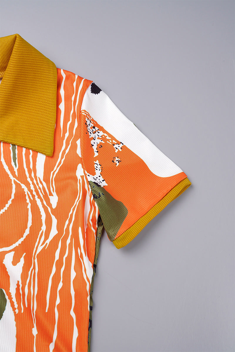 Casual Print Patchwork Turndown Collar Short Sleeve Two Pieces