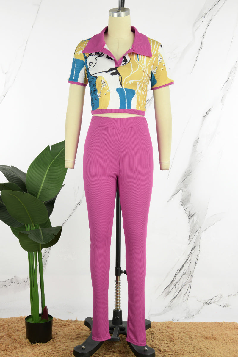 Casual Print Patchwork Turndown Collar Short Sleeve Two Pieces