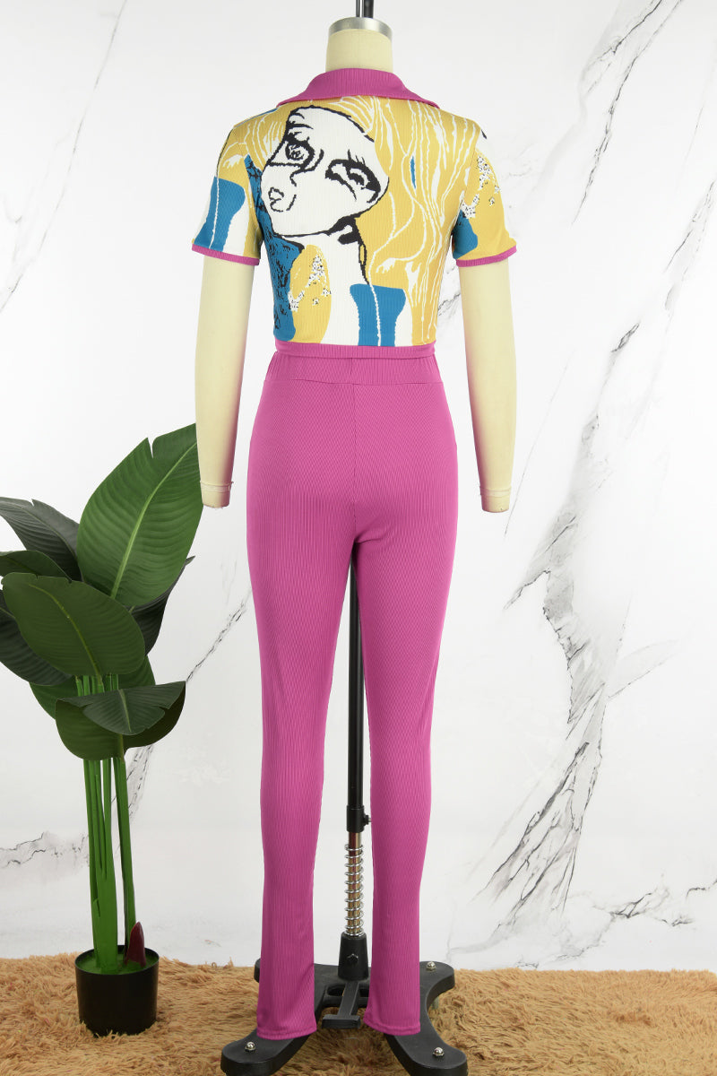 Casual Print Patchwork Turndown Collar Short Sleeve Two Pieces