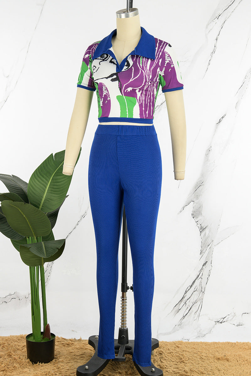 Casual Print Patchwork Turndown Collar Short Sleeve Two Pieces
