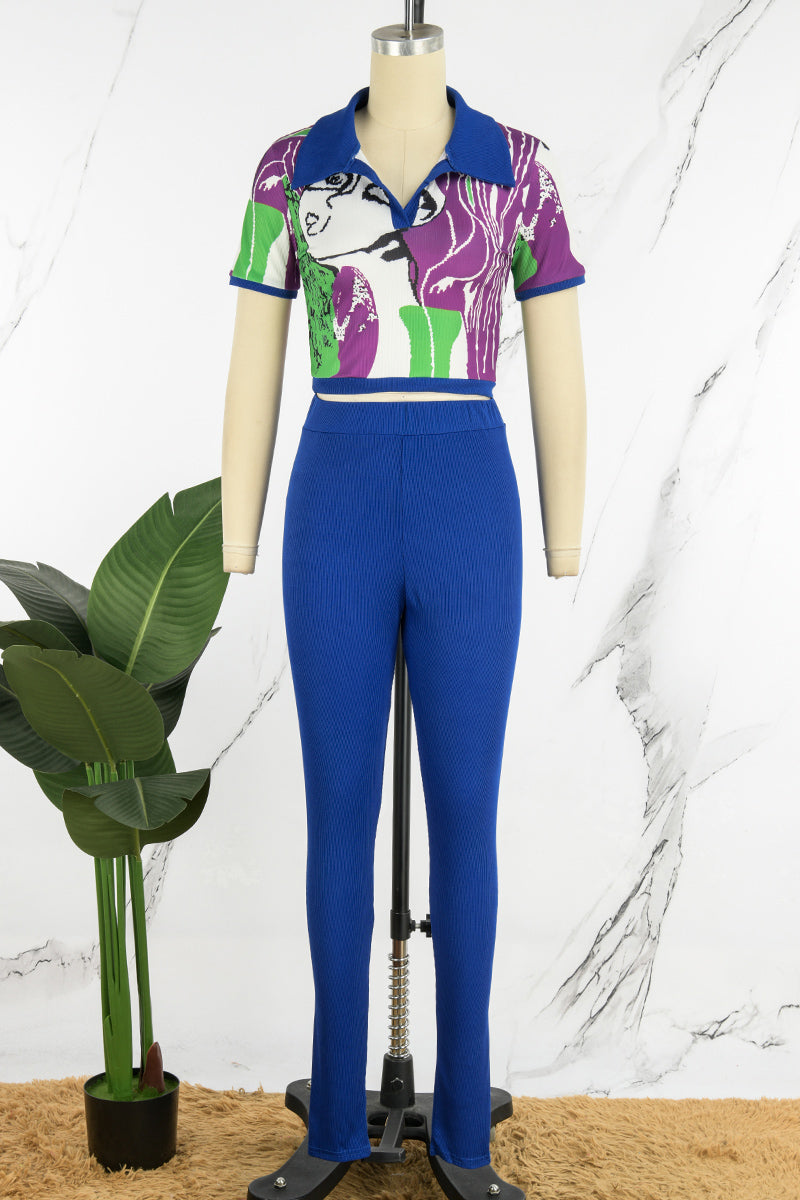 Casual Print Patchwork Turndown Collar Short Sleeve Two Pieces