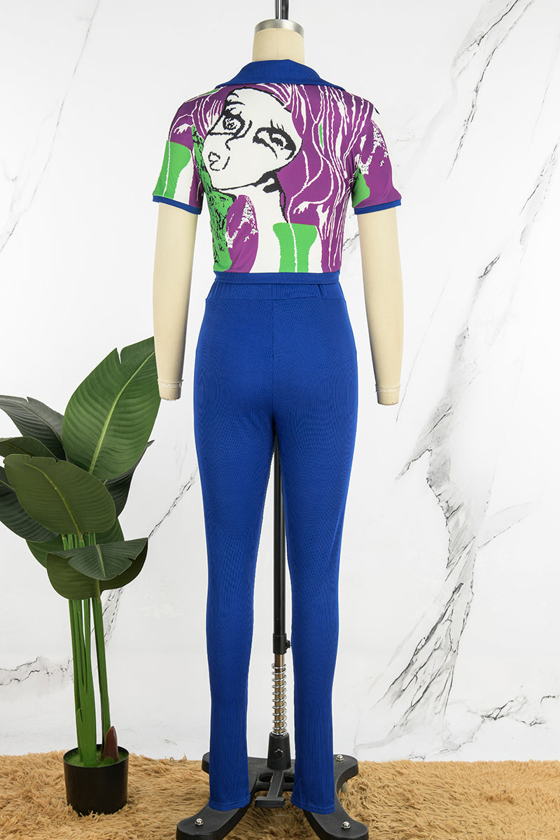 Casual Print Patchwork Turndown Collar Short Sleeve Two Pieces