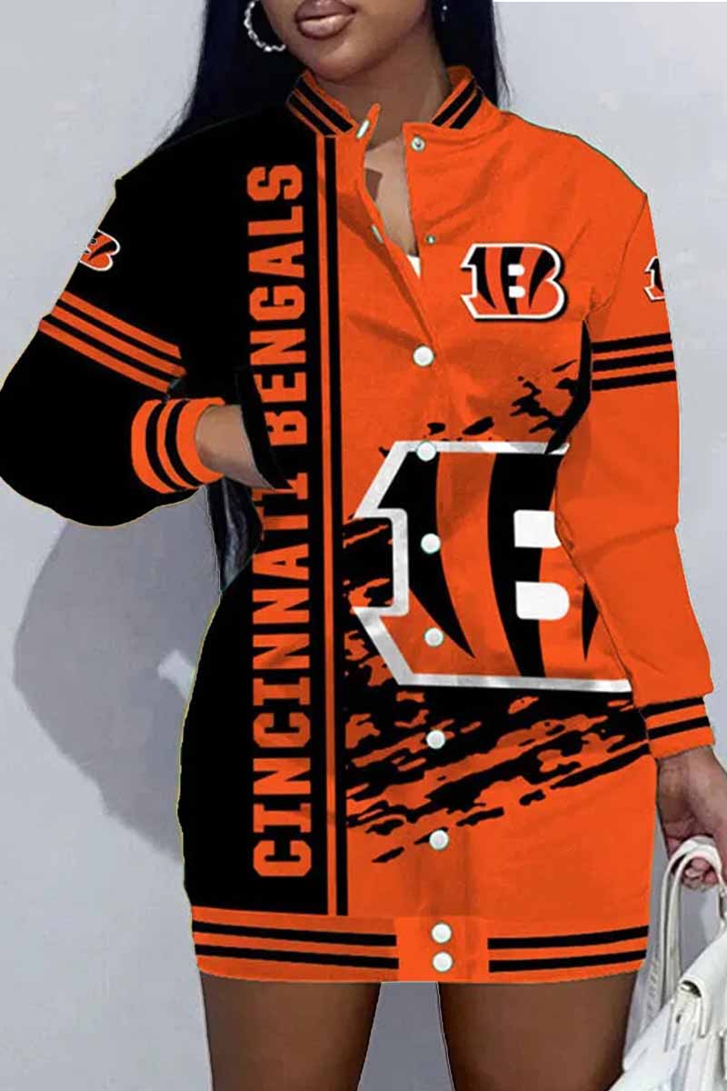 Chicago Football Sports Casual Vintage Print Patchwork Mandarin Collar One Step Skirt Dress