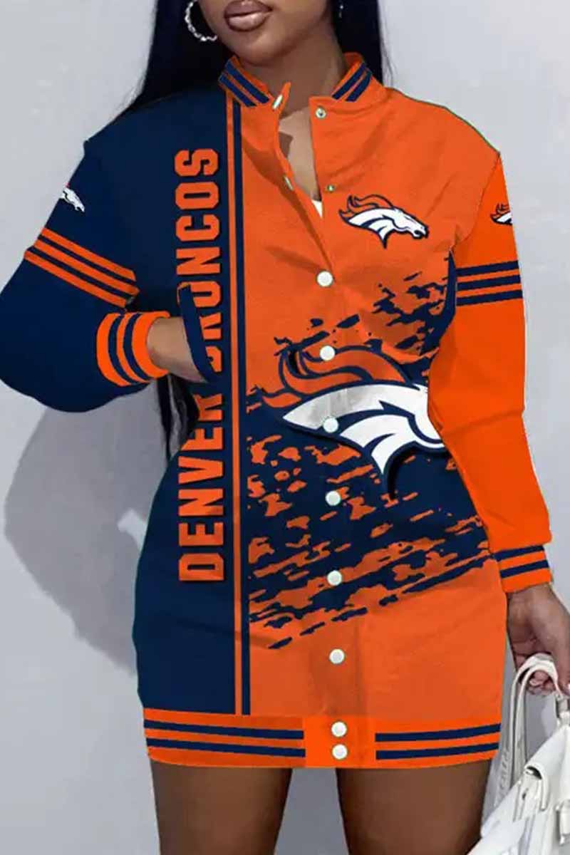 Chicago Football Sports Casual Vintage Print Patchwork Mandarin Collar One Step Skirt Dress