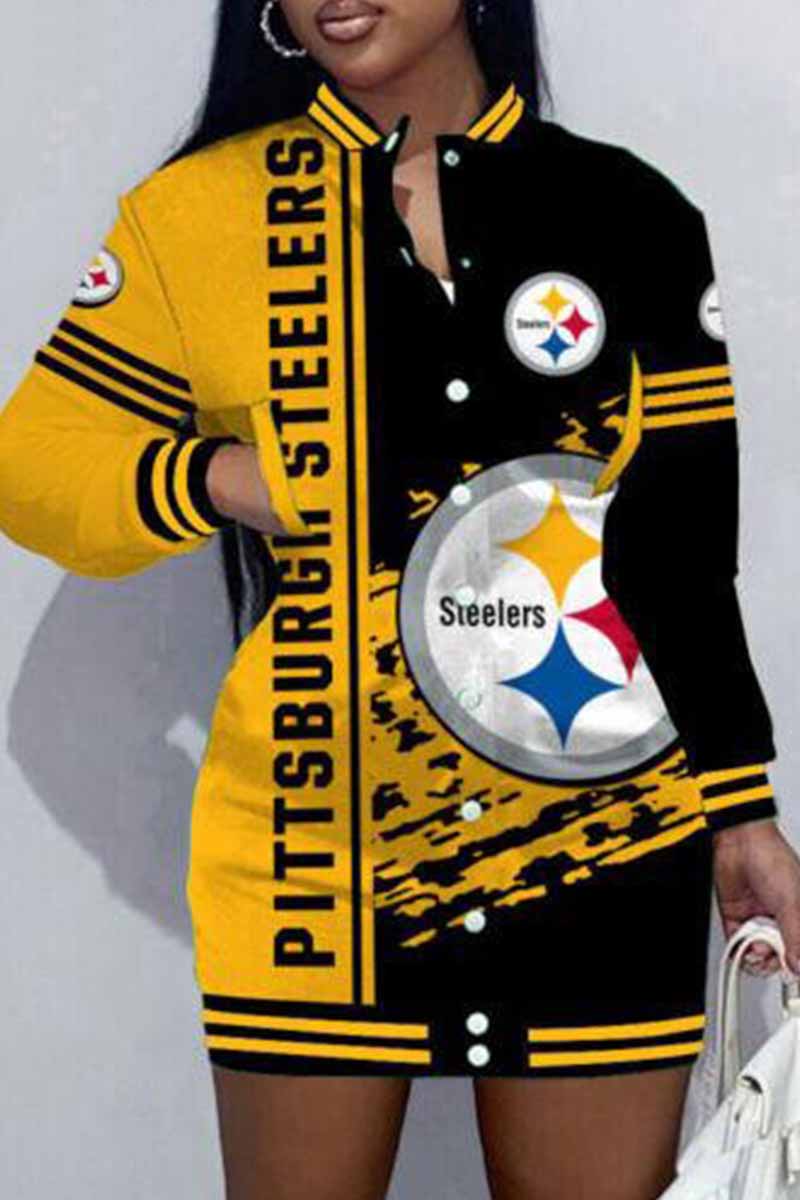 Chicago Football Sports Casual Vintage Print Patchwork Mandarin Collar One Step Skirt Dress