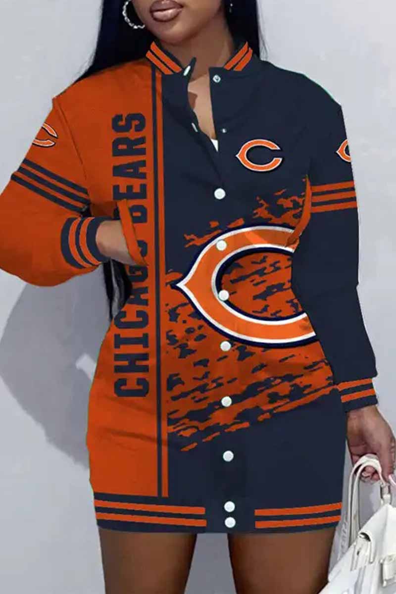 Cincinnati Football Sports Casual Vintage Print Patchwork Mandarin Collar One Step Skirt Dress