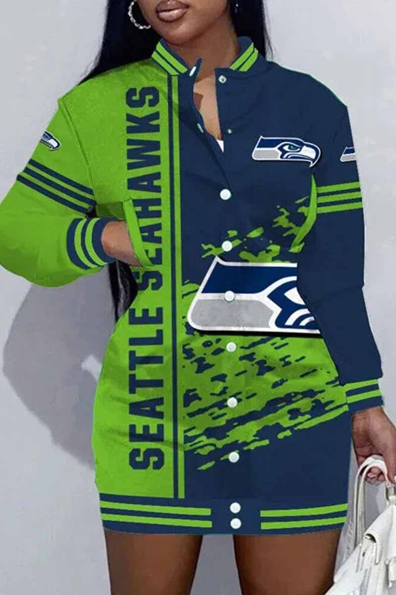 New England Football Sports Casual Vintage Print Patchwork Mandarin Collar One Step Skirt Dress