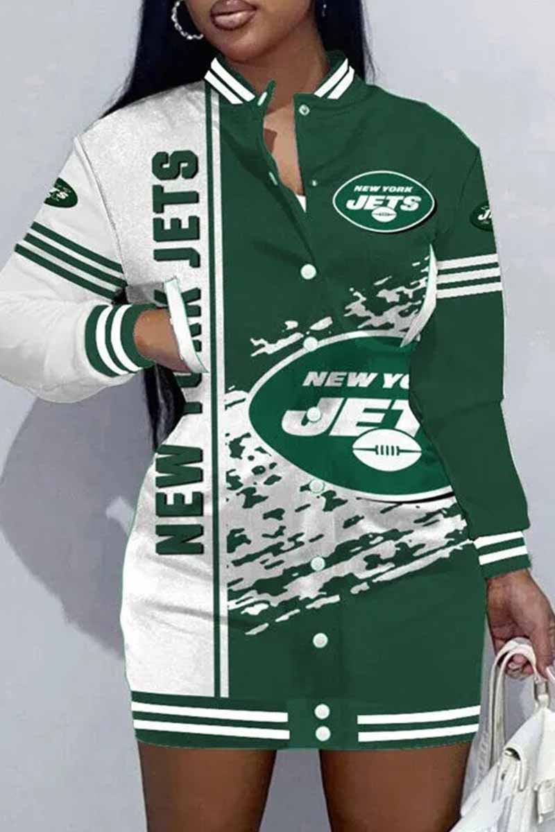 New England Football Sports Casual Vintage Print Patchwork Mandarin Collar One Step Skirt Dress