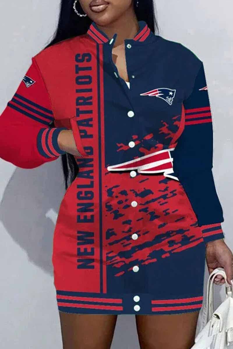 Cincinnati Football Sports Casual Vintage Print Patchwork Mandarin Collar One Step Skirt Dress