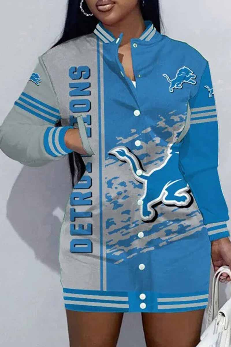 Chicago Football Sports Casual Vintage Print Patchwork Mandarin Collar One Step Skirt Dress