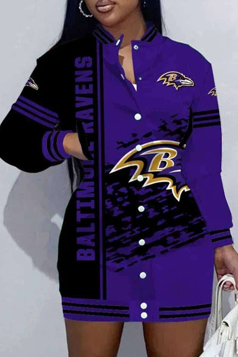 Cincinnati Football Sports Casual Vintage Print Patchwork Mandarin Collar One Step Skirt Dress