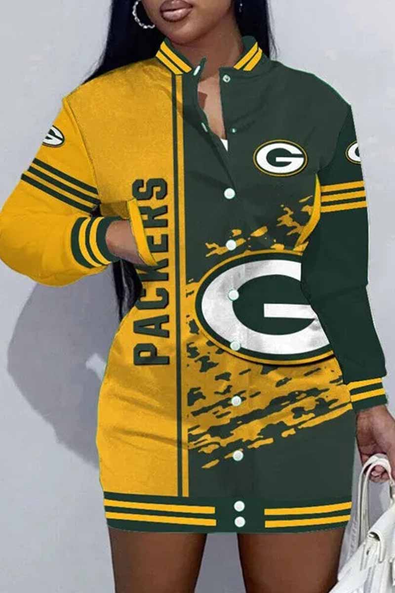Chicago Football Sports Casual Vintage Print Patchwork Mandarin Collar One Step Skirt Dress