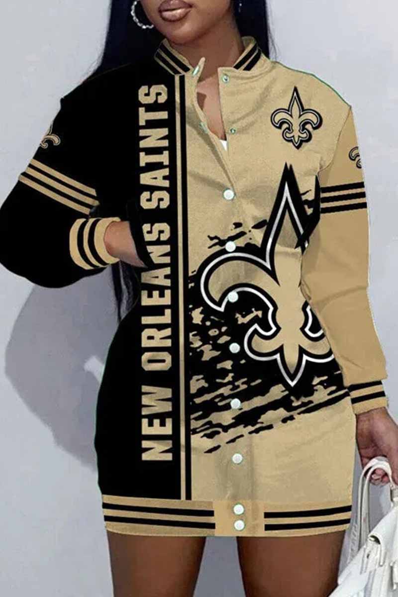 Denver Football Sports Casual Vintage Print Patchwork Mandarin Collar One Step Skirt Dress
