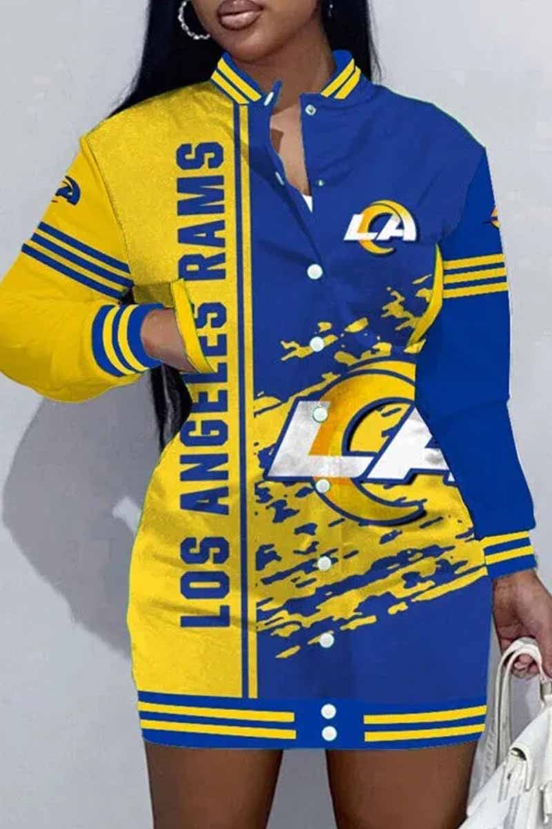 Chicago Football Sports Casual Vintage Print Patchwork Mandarin Collar One Step Skirt Dress