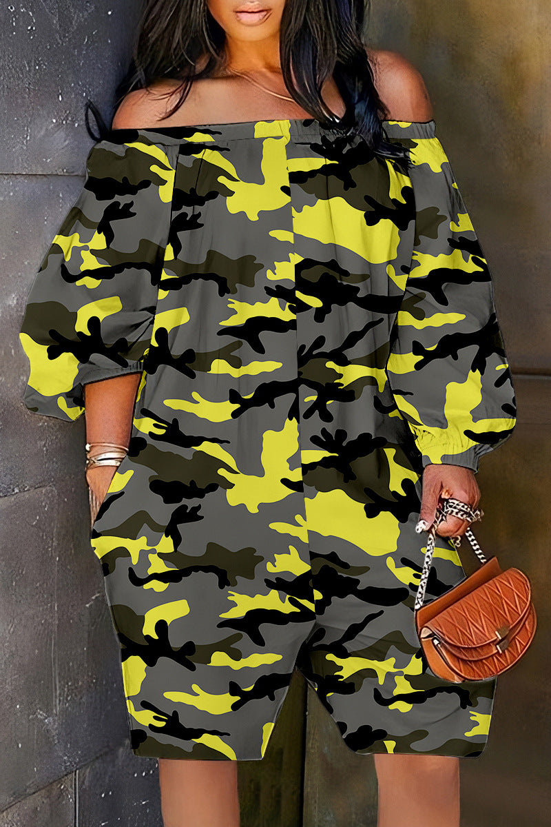 Army Casual Print Basic Off the Shoulder Regular Romper