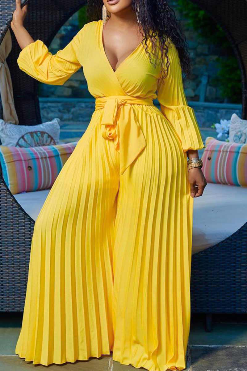 Casual Solid Frenulum Pleated V Neck Plus Size Jumpsuits
