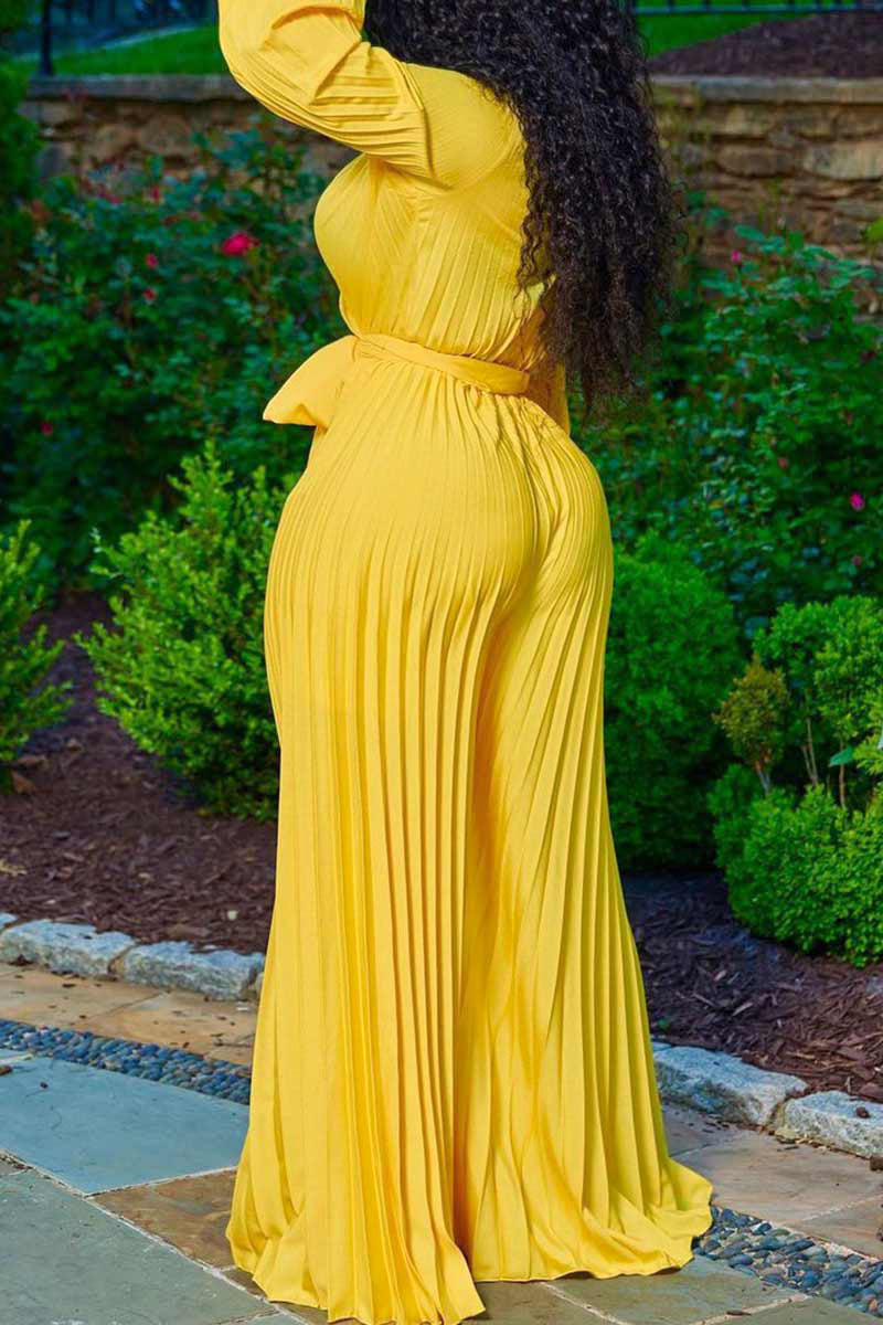 Casual Solid Frenulum Pleated V Neck Plus Size Jumpsuits