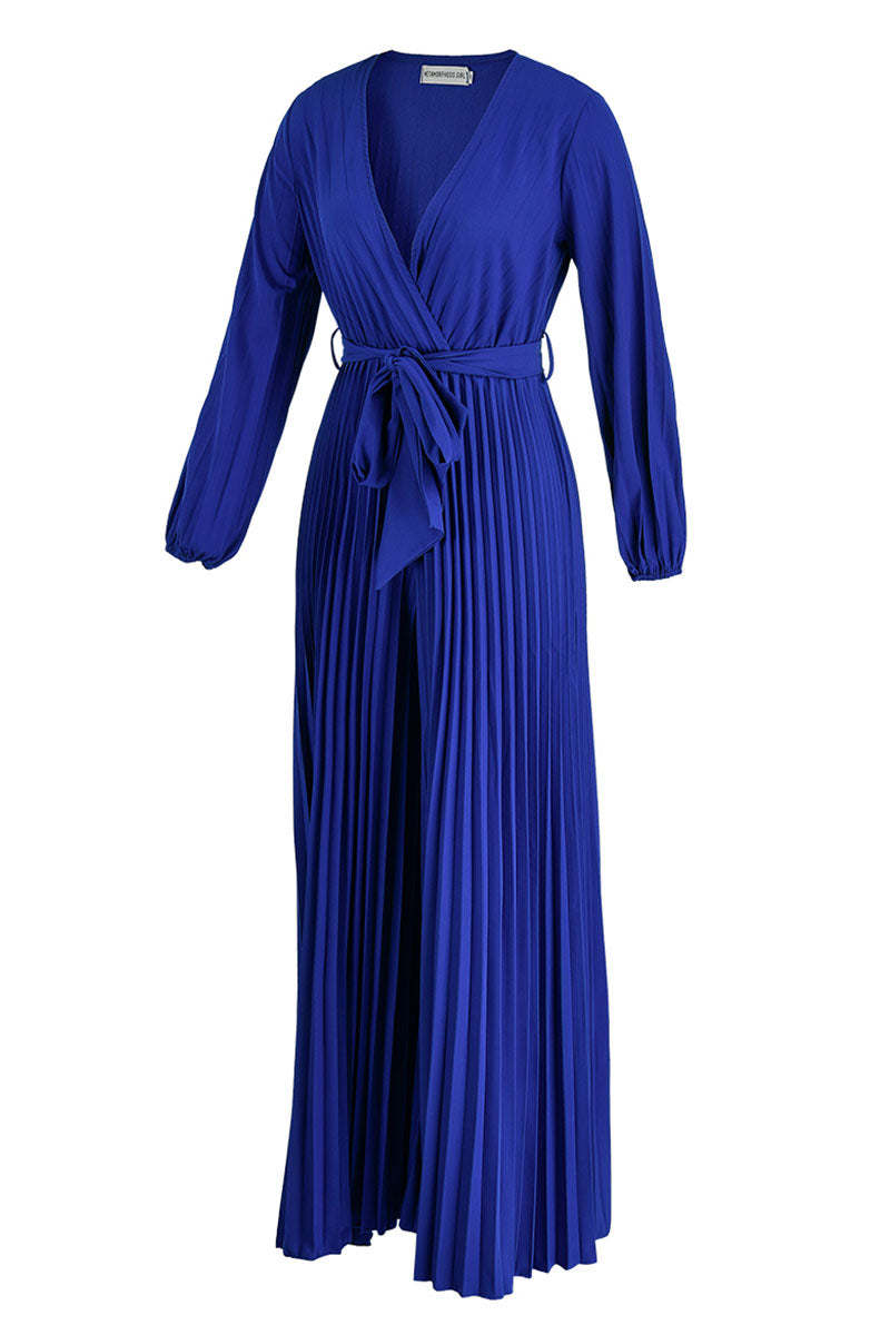 Casual Solid Frenulum Pleated V Neck Plus Size Jumpsuits