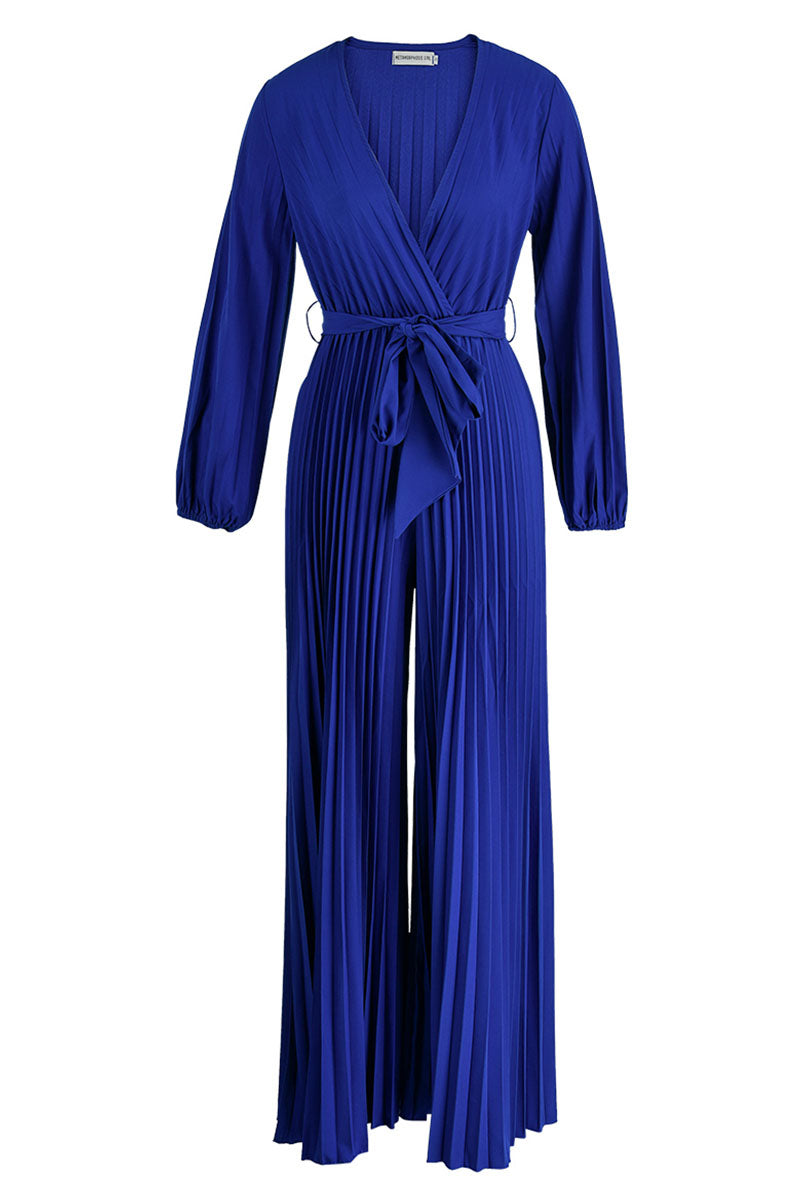 Casual Solid Frenulum Pleated V Neck Plus Size Jumpsuits