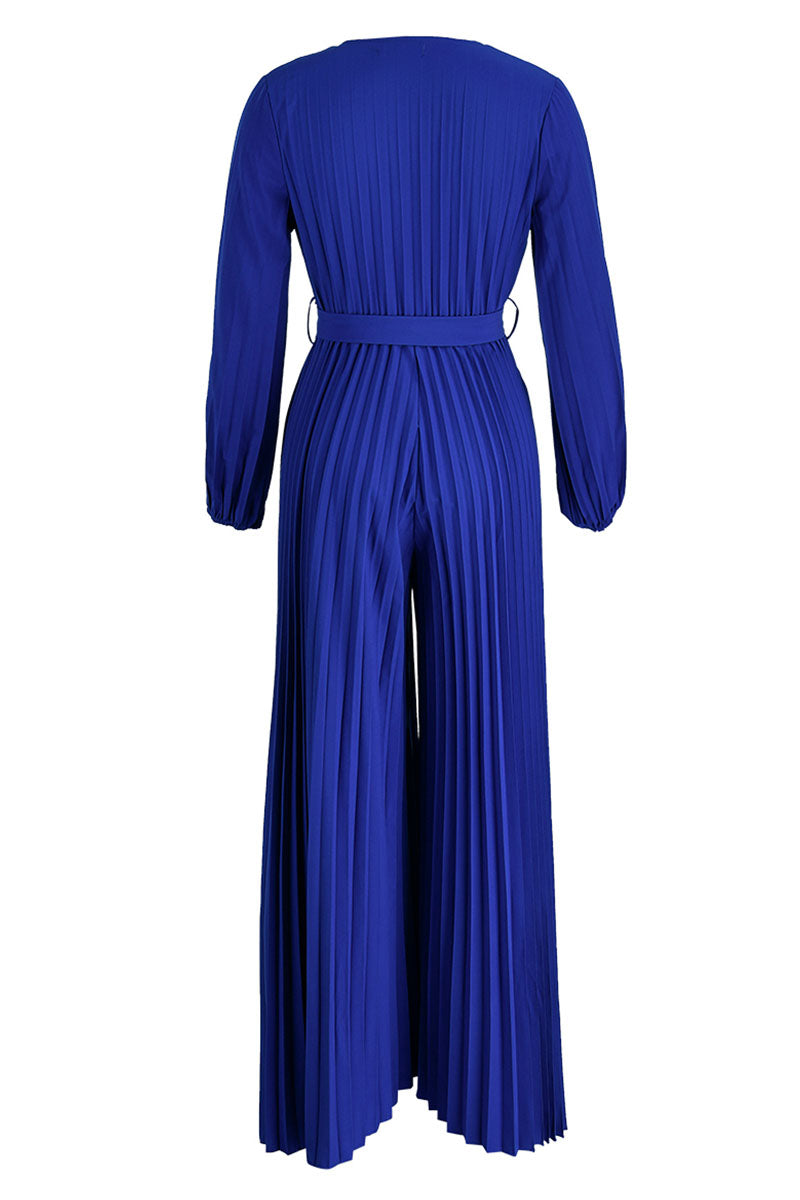 Casual Solid Frenulum Pleated V Neck Plus Size Jumpsuits