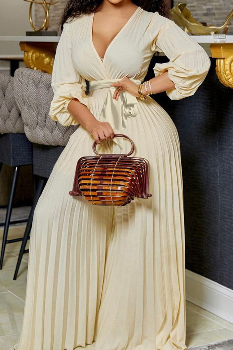 Casual Solid Frenulum Pleated V Neck Plus Size Jumpsuits