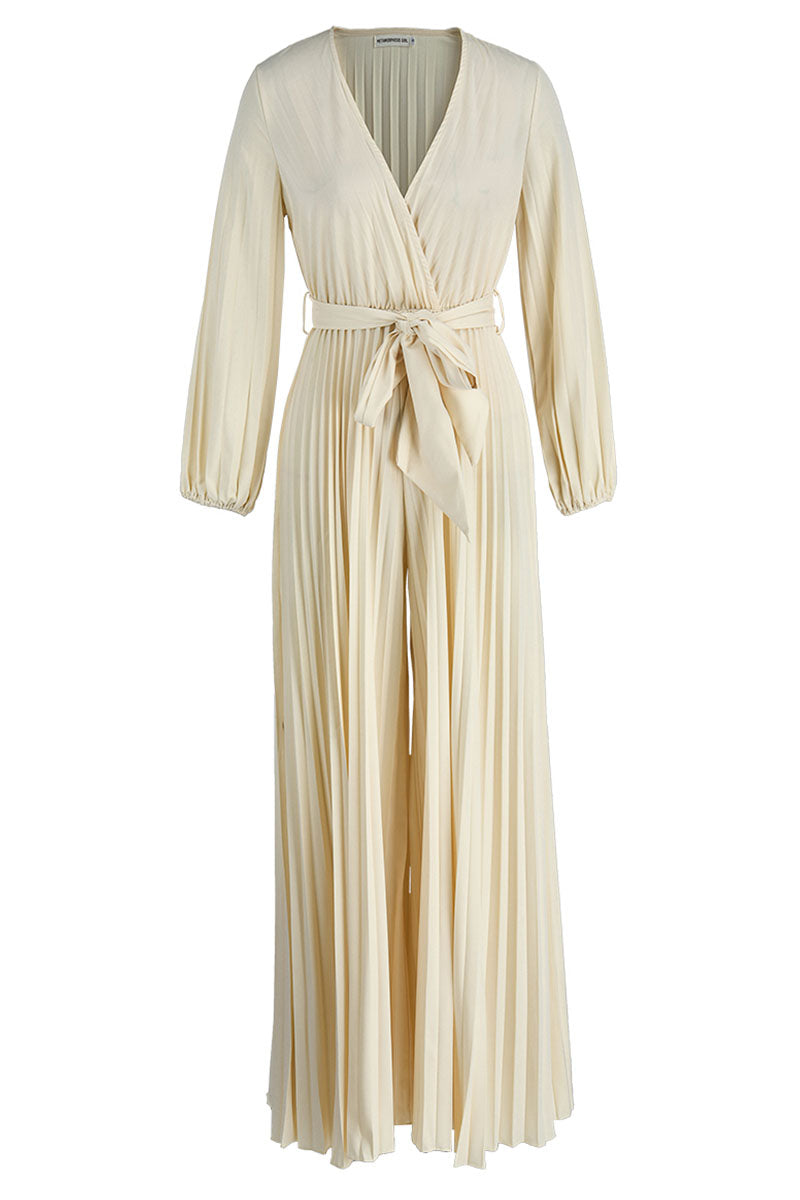Casual Solid Frenulum Pleated V Neck Plus Size Jumpsuits