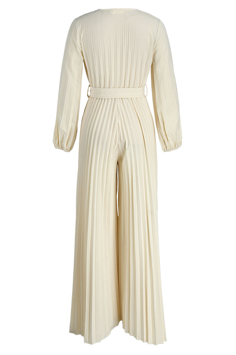 Casual Solid Frenulum Pleated V Neck Plus Size Jumpsuits