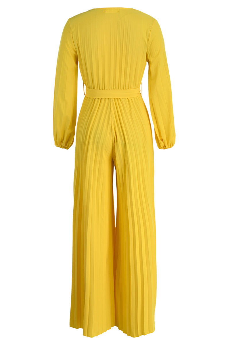 Casual Solid Frenulum Pleated V Neck Plus Size Jumpsuits