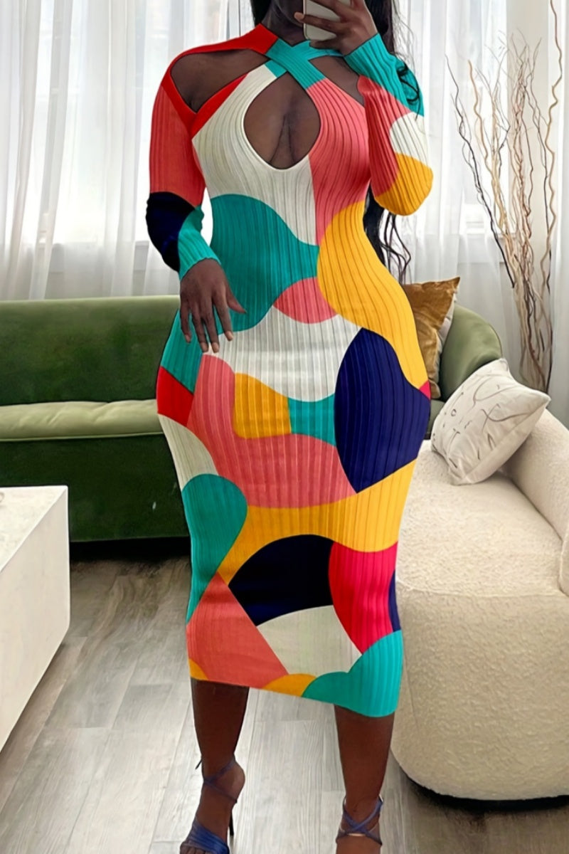 Multicolor Casual Print Hollowed Out V Neck Long Sleeve Plus Size Dresses