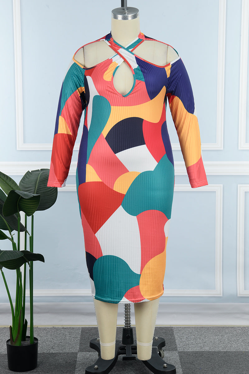 Multicolor Casual Print Hollowed Out V Neck Long Sleeve Plus Size Dresses