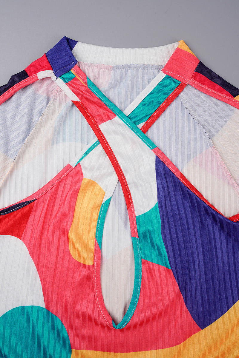 Multicolor Casual Print Hollowed Out V Neck Long Sleeve Plus Size Dresses