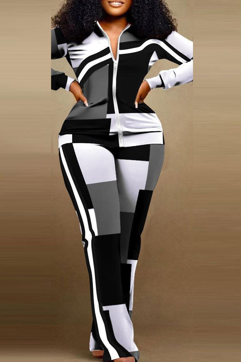 Black White Casual Plaid Patchwork Zipper Turndown Collar Plus Size Two Pieces